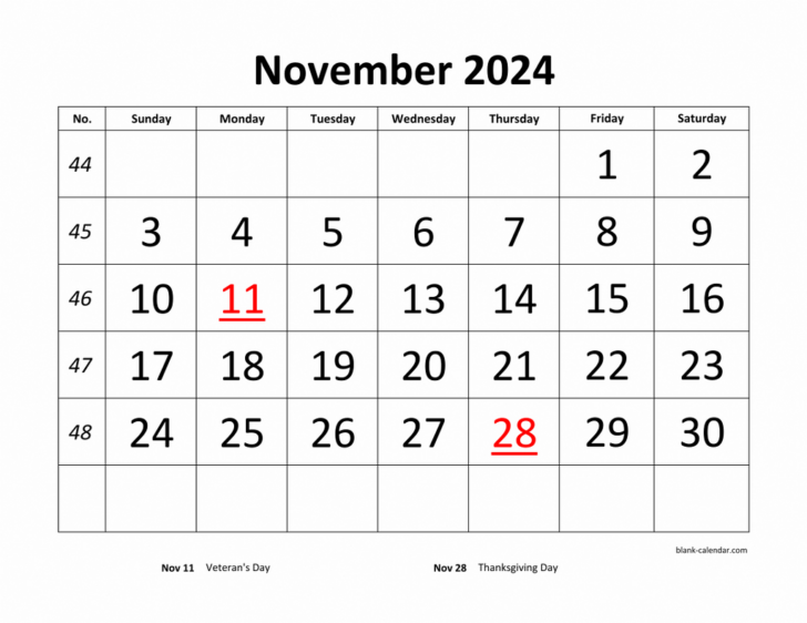 November 2024 Calendar With Holidays Printable Free | Calendar 2024