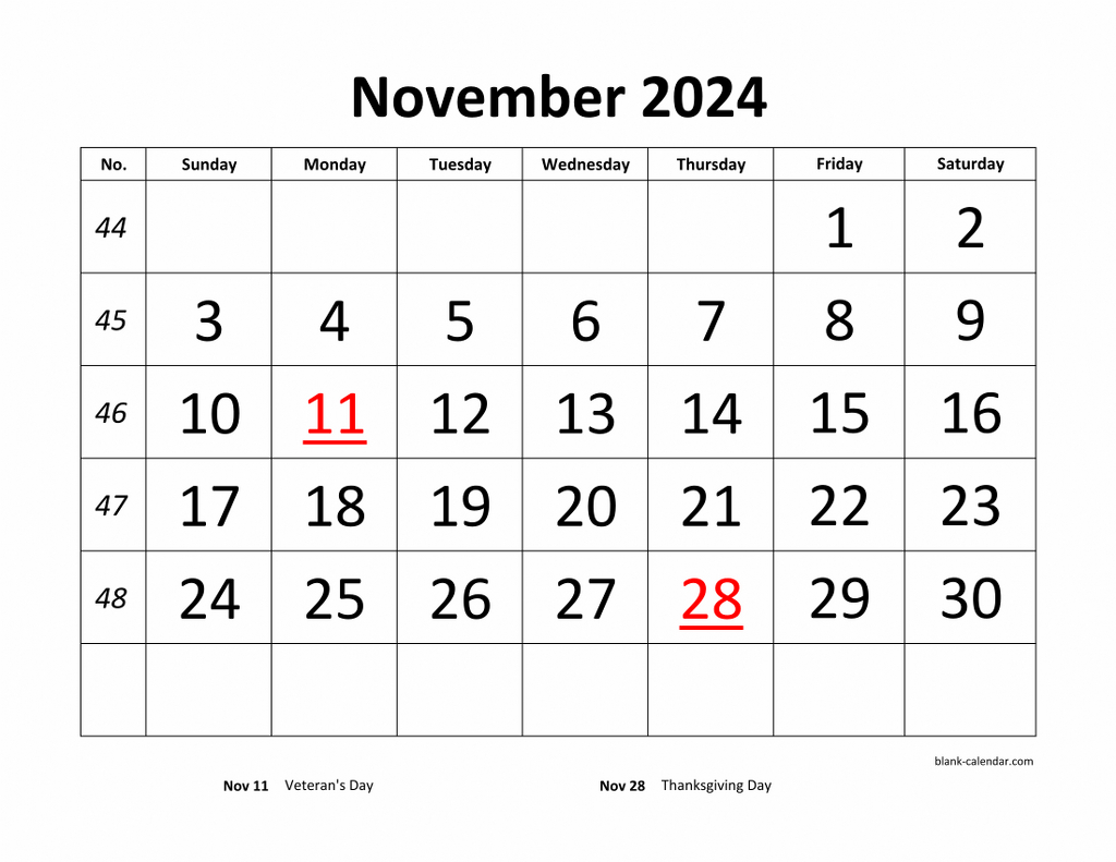 Free Download Printable November 2024 Calendar, Large Font Design | November 2024 Calendar With Holidays Printable Free