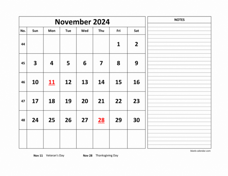 November 2024 Calendar Printable With Notes | Calendar 2024