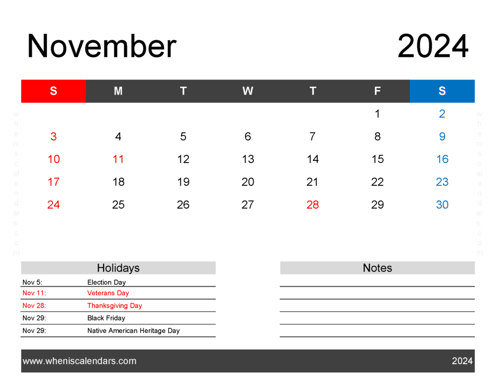 Free Printable 2024 Monthly Calendar With Holidays | Printable Calendar Waterproof November 2024