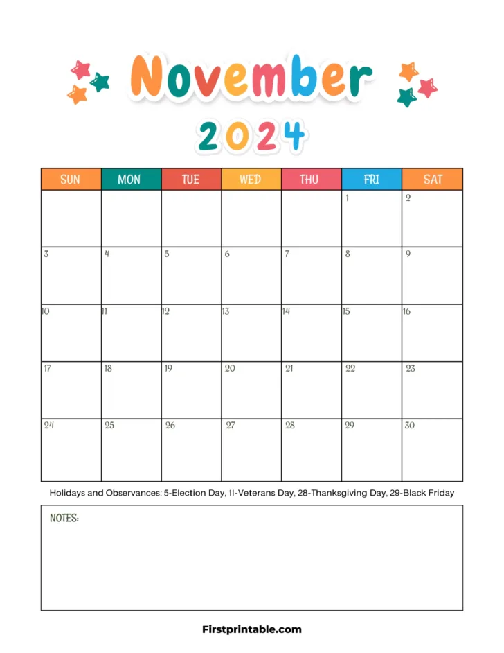 November Calendar 2024 Printable For Kids | Calendar 2024