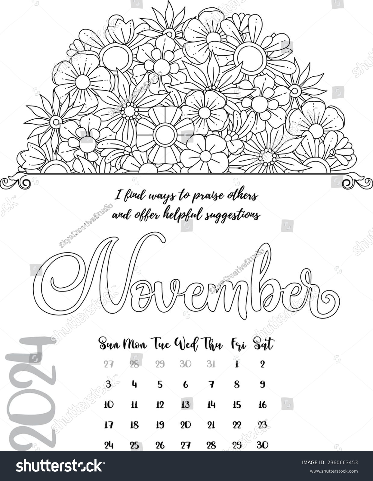 Mandala Affirmation Calendar Coloring Page November Stock Vector | Calendar 2024