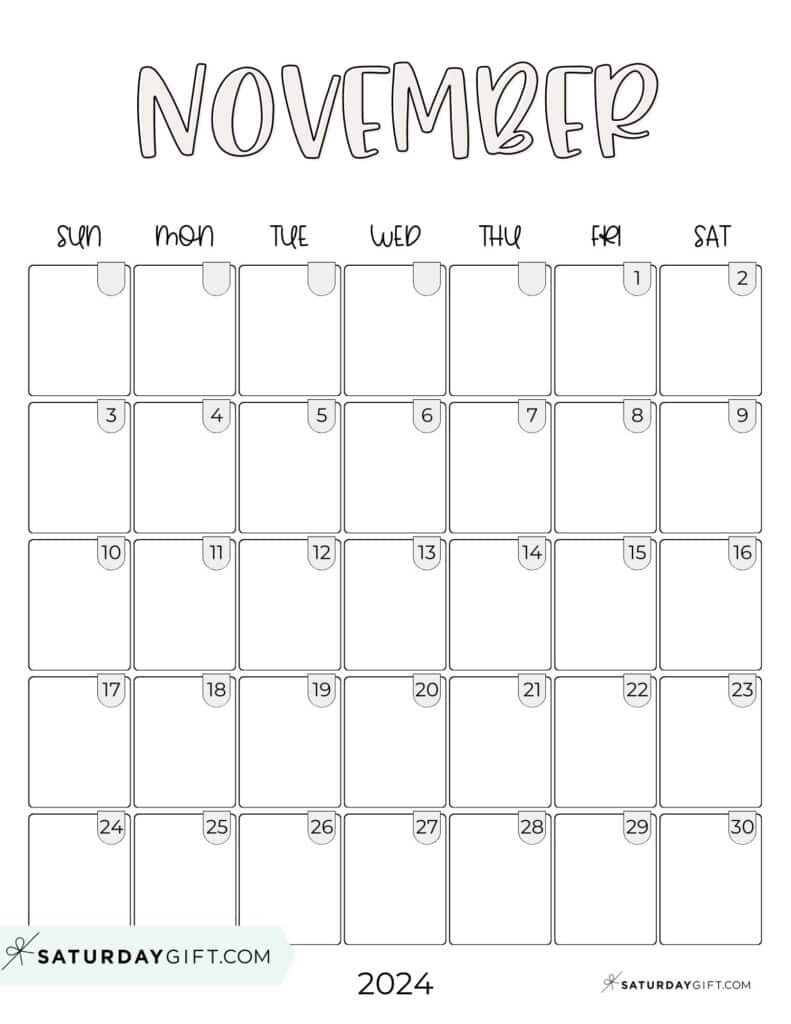 November 2024 Calendar - 20 Cute &amp;amp; Free Printables | Saturdaygift | Calendar 2024