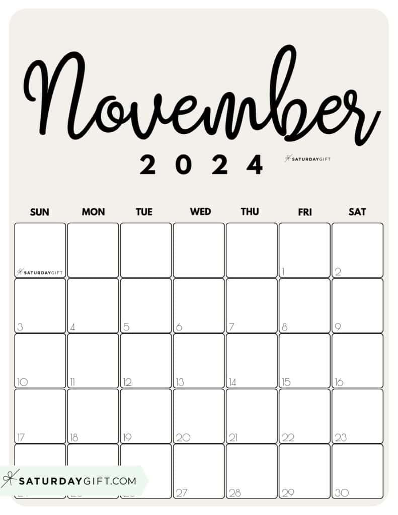 November 2024 Calendar - 20 Cute &amp;amp; Free Printables | Saturdaygift | Calendar 2024