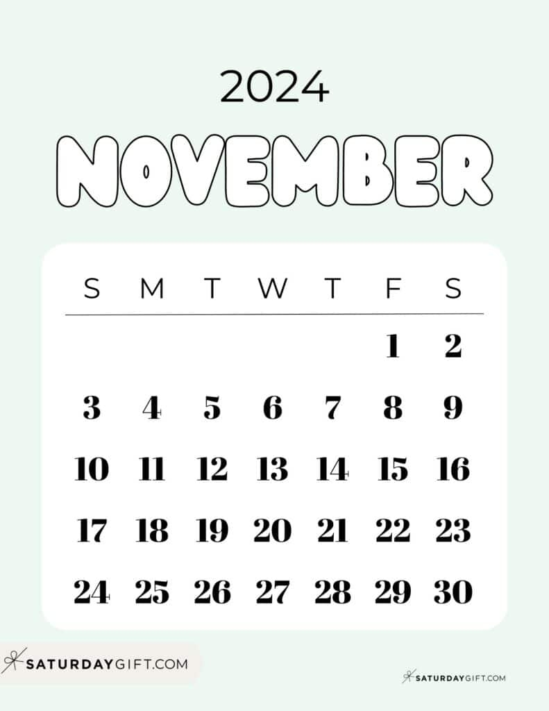 November 2024 Calendar - 20 Cute &amp;amp; Free Printables | Saturdaygift | Pretty Printable November 2024 Calendar