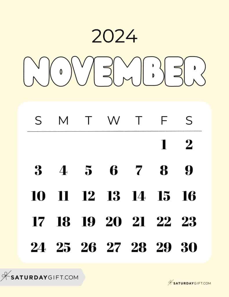 November 2024 Calendar - 20 Cute &amp;amp; Free Printables | Saturdaygift | Printable Mini November 2024 Calendar