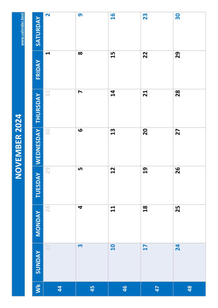 November Weekly Calendar 2024 Printable | Calendar 2024