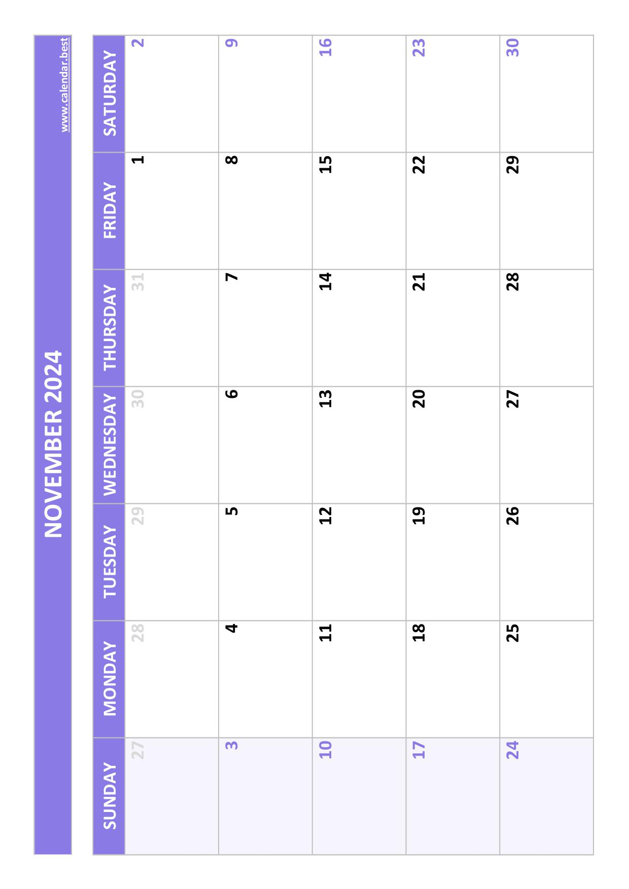 November 2024 Calendar -Calendar.best | November Calendar 2024 Printable Purple