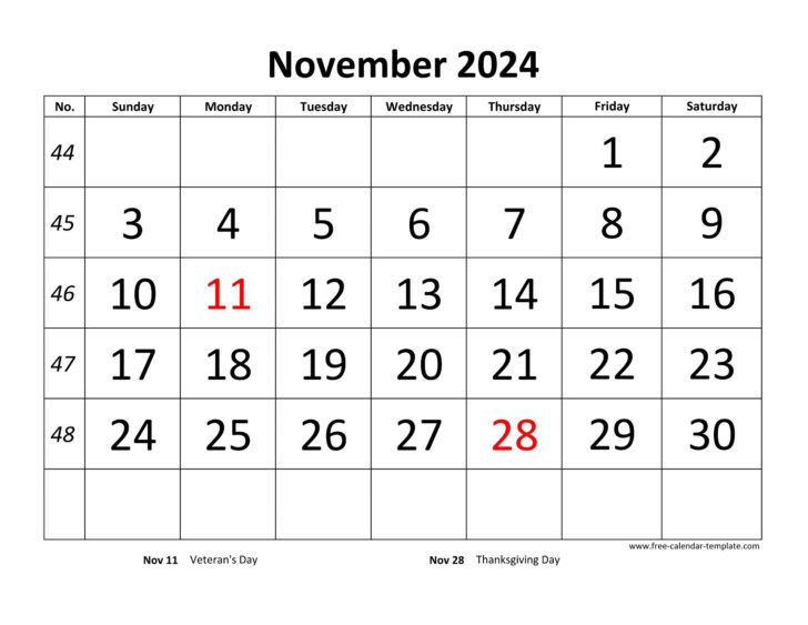 November Calendar 2024 Printable Large Boxes | Calendar 2024