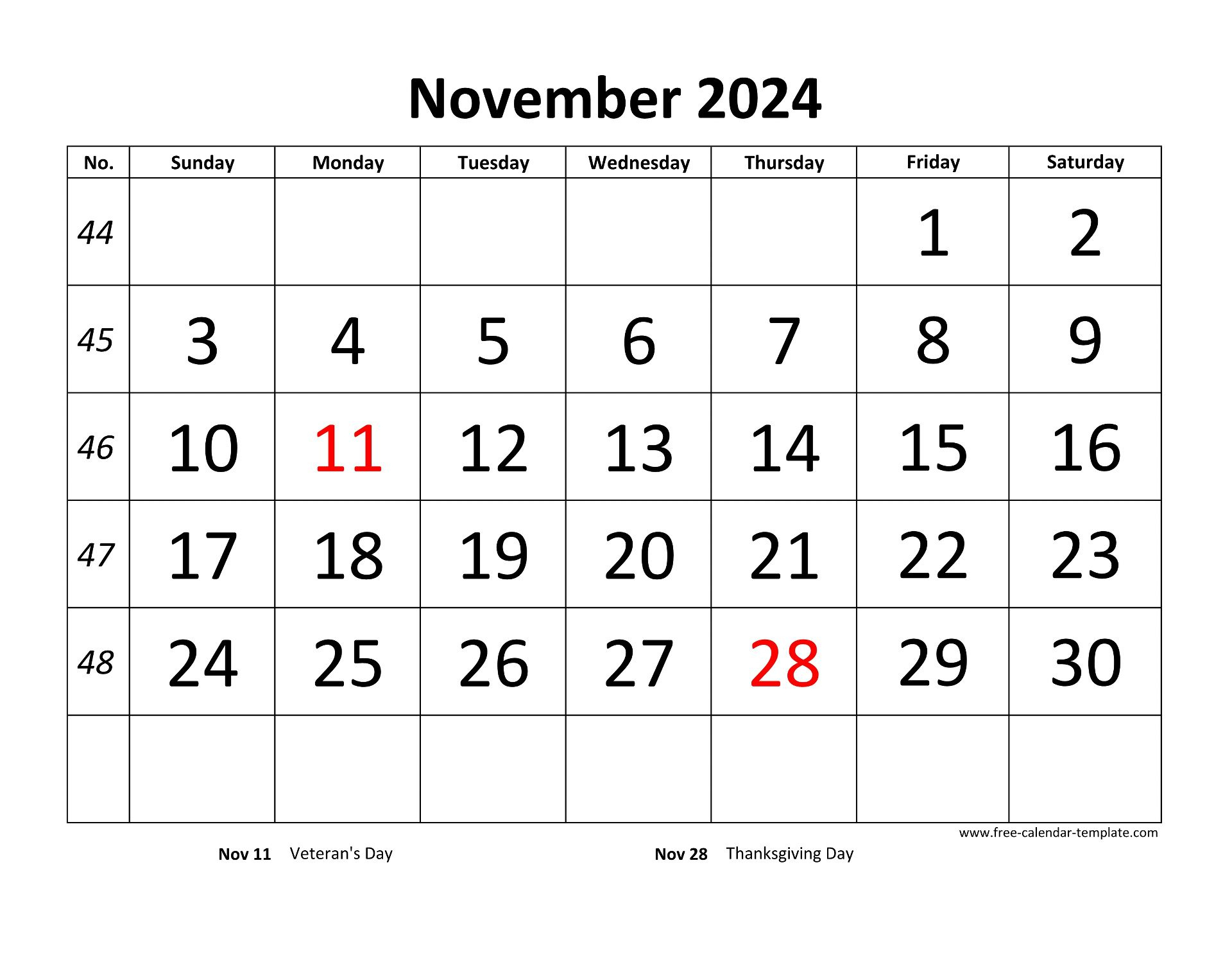 November 2024 Calendar Designed With Large Font (Horizontal | November Calendar 2024 Printable Large Boxes