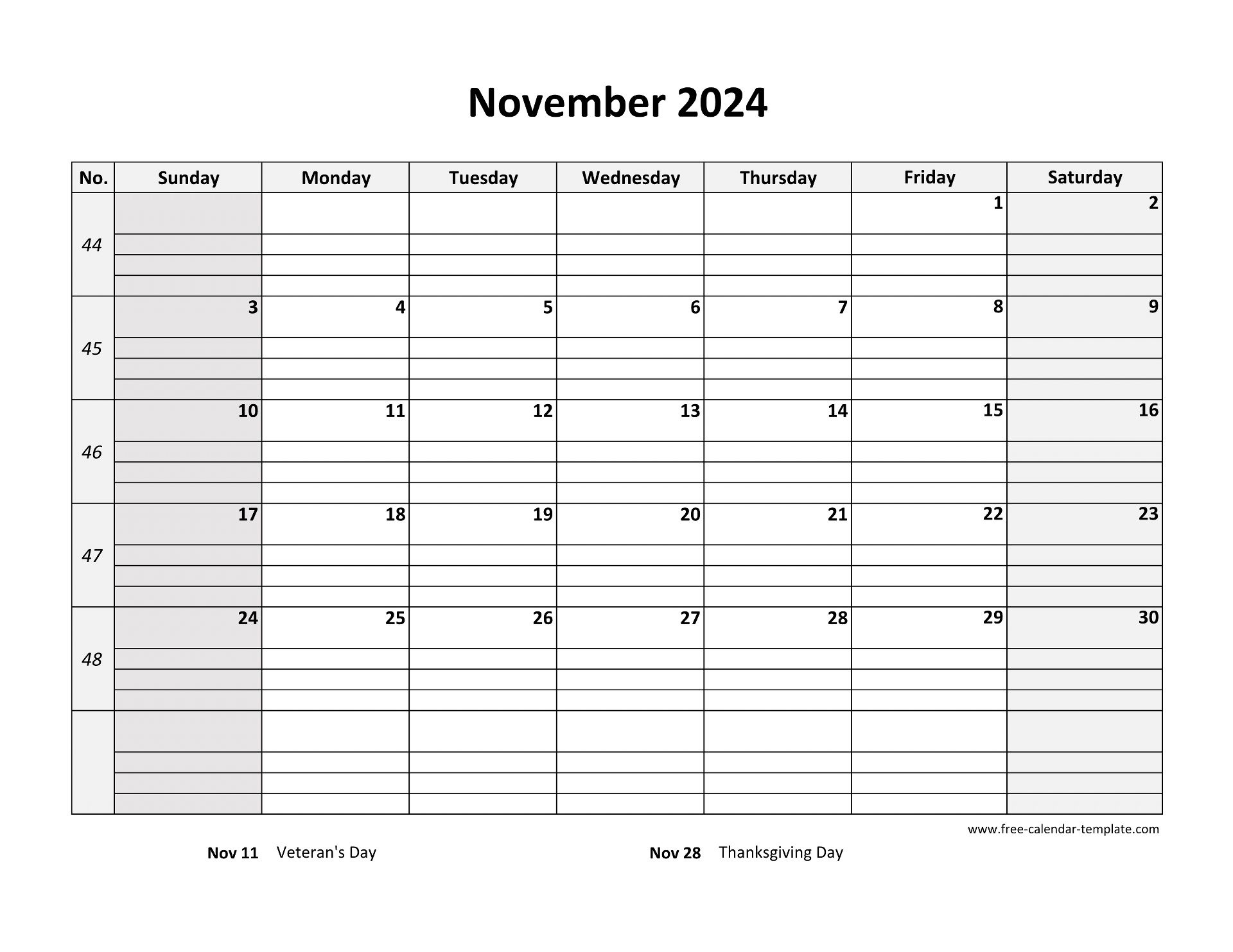 November 2024 Calendar Free Printable With Grid Lines Designed | November Daily Calendar 2024 Printable