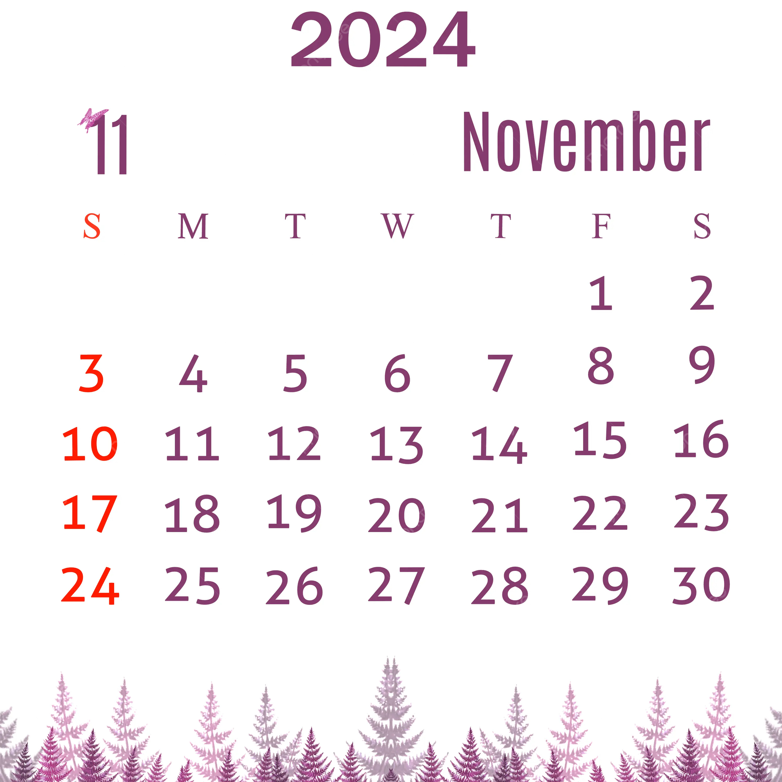 November 2024 Calendar Purple Illustration Design Template | November Calendar 2024 Printable Purple