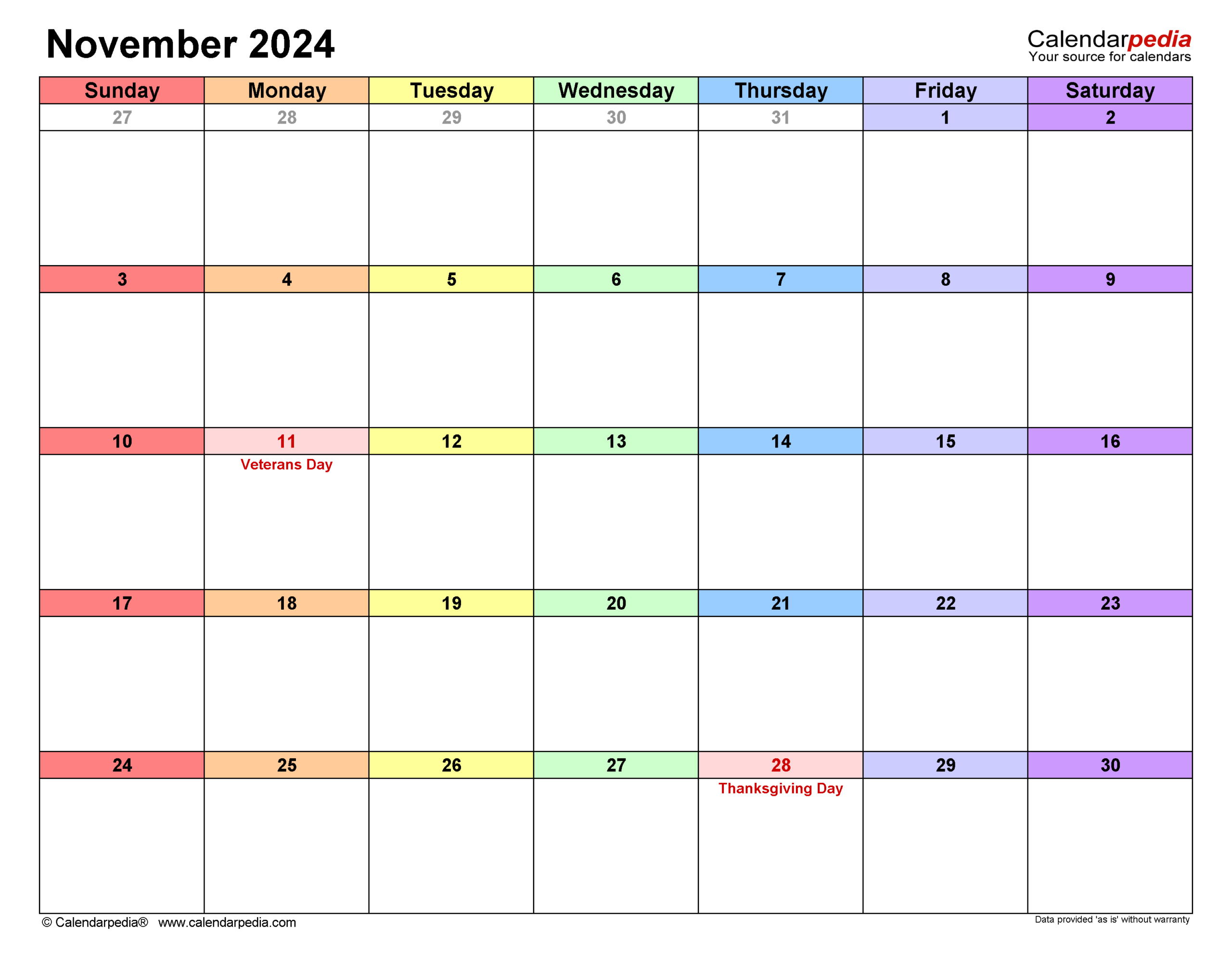 November 2024 Calendar | Templates For Word, Excel And Pdf | November Calendar 2024 Printable Calendarpedia