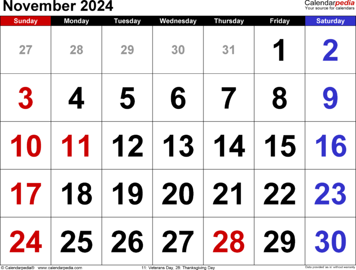 November Calendar 2024 Printable Calendarpedia | Calendar 2024