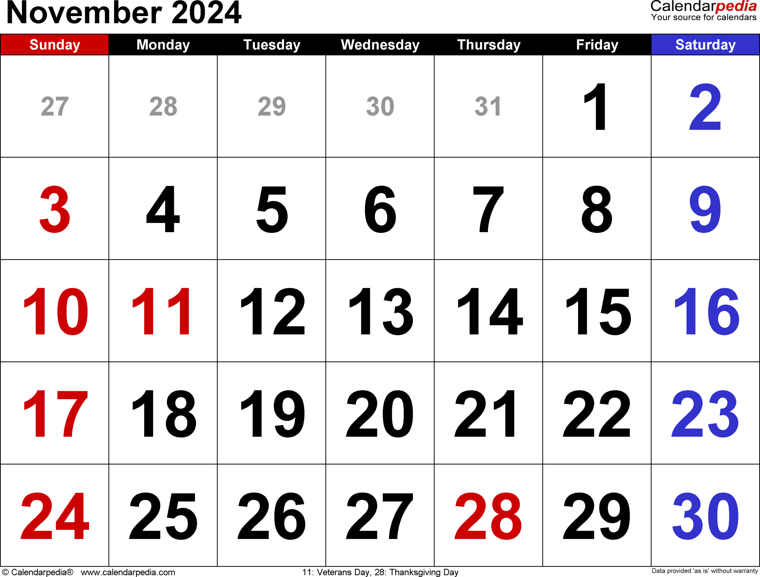 November 2024 Calendar | Templates For Word, Excel And Pdf | November Calendar 2024 Printable Calendarpedia