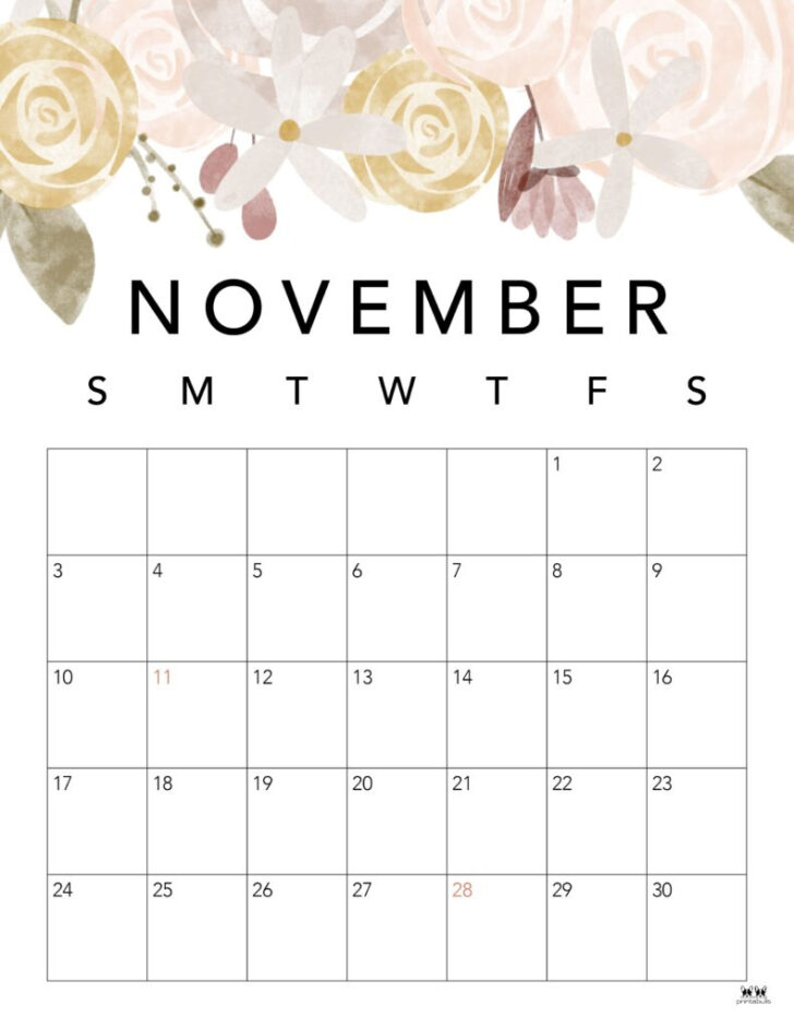 Printable Floral Calendars November 2024 | Calendar 2024