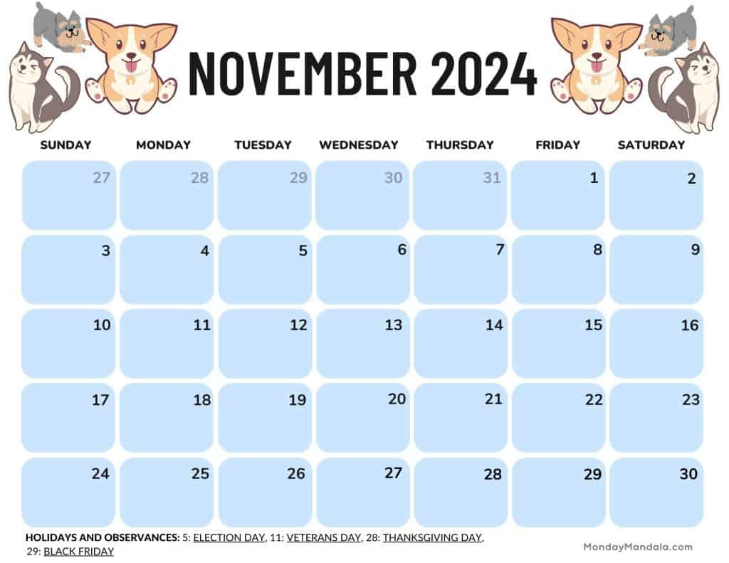 November 2024 Calendars (52 Free Printable Pdfs) | Printable Animal Calendar November 2024