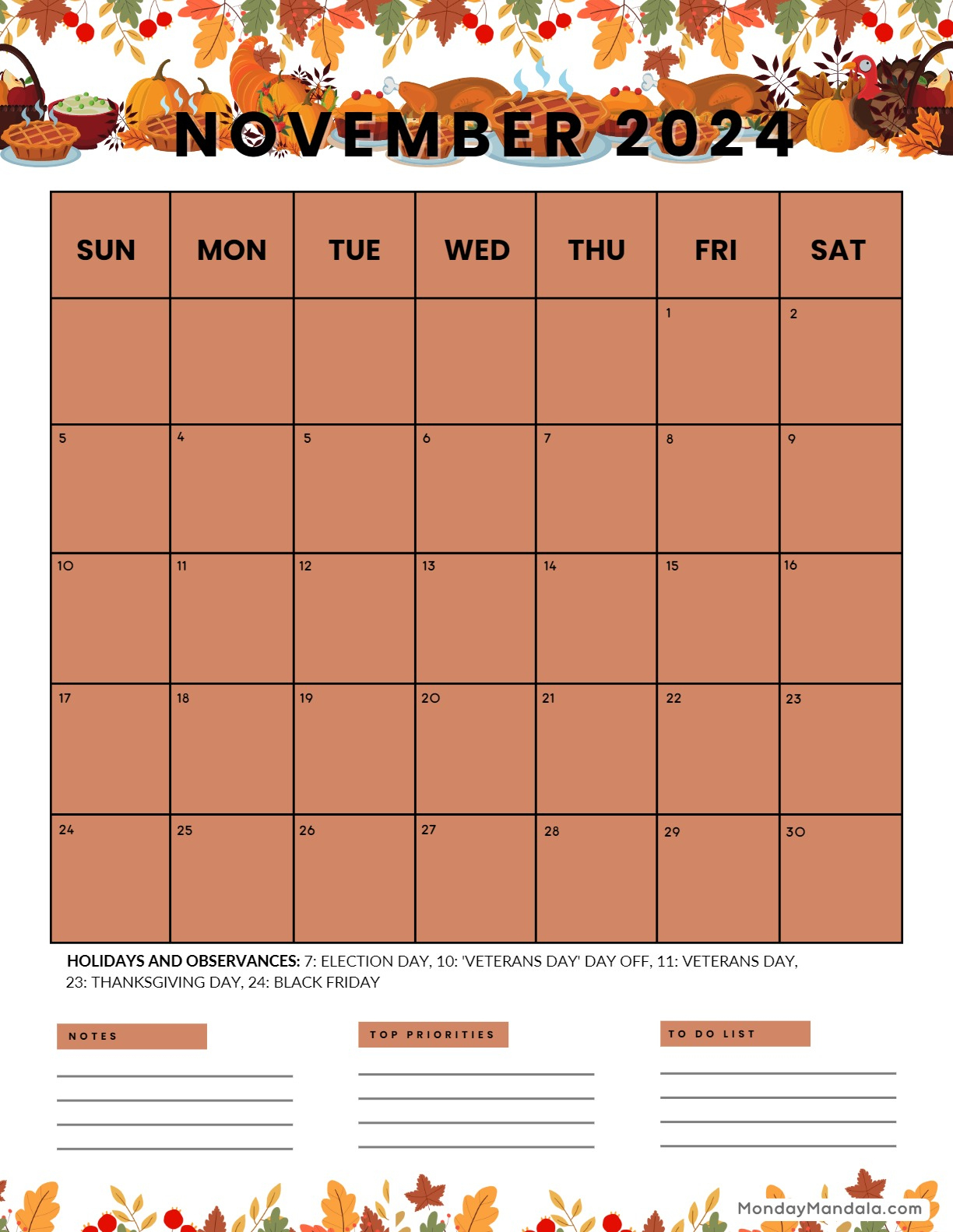 November 2024 Calendars (52 Free Printable Pdfs) | Printable Calendar November 2024 With Thanksgiving Theme