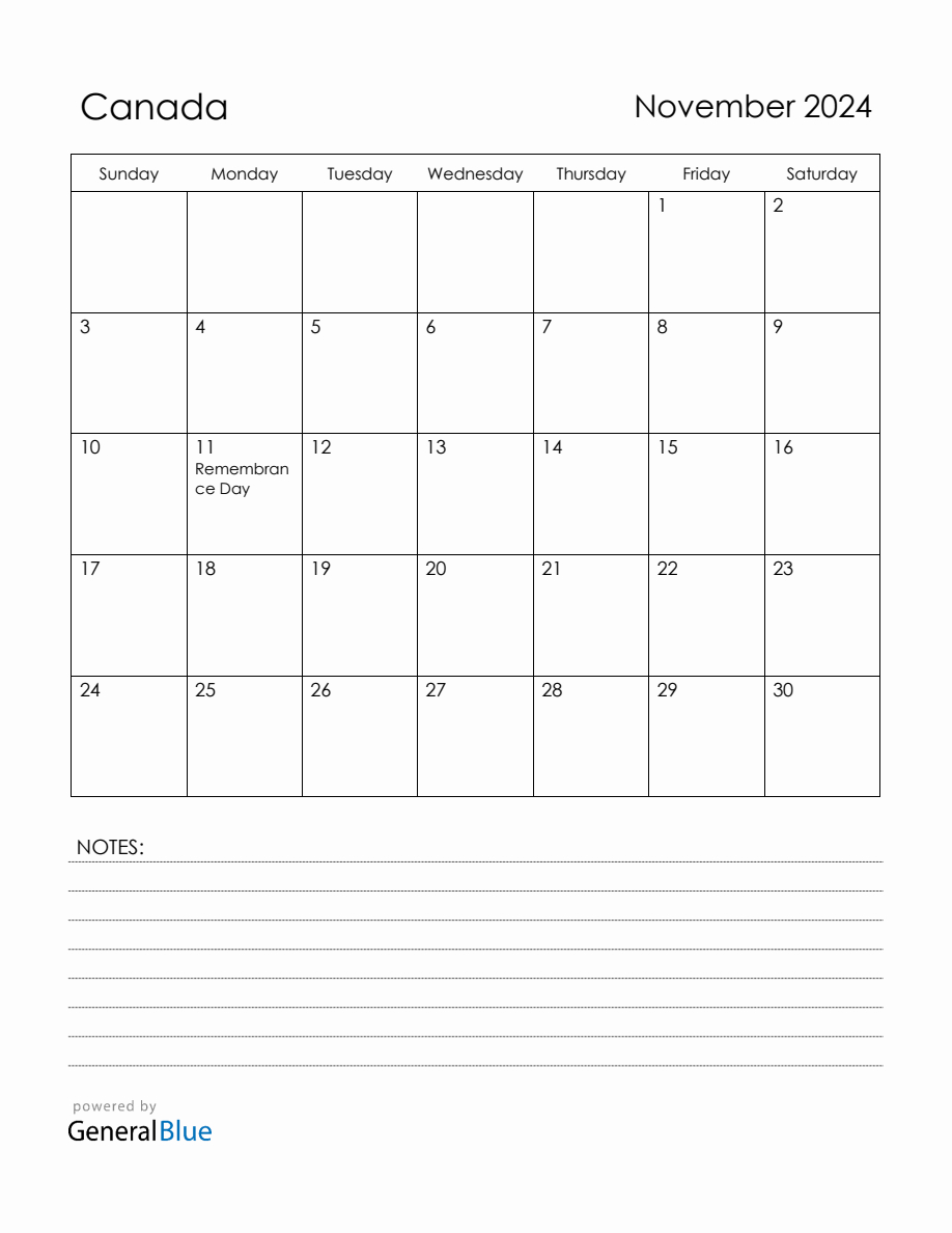 November 2024 Canada Calendar With Holidays | November Calendar 2024 Printable Canada