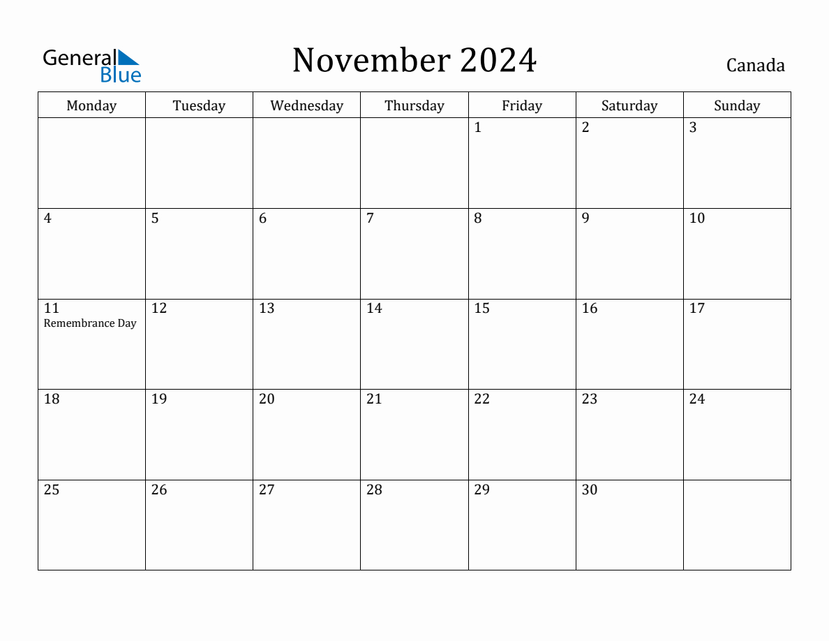 November 2024 - Canada Monthly Calendar With Holidays | Calendar 2024