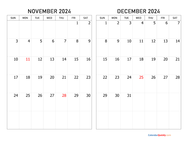 Printable Calendar November and December 2024 With Holidays | Calendar 2024