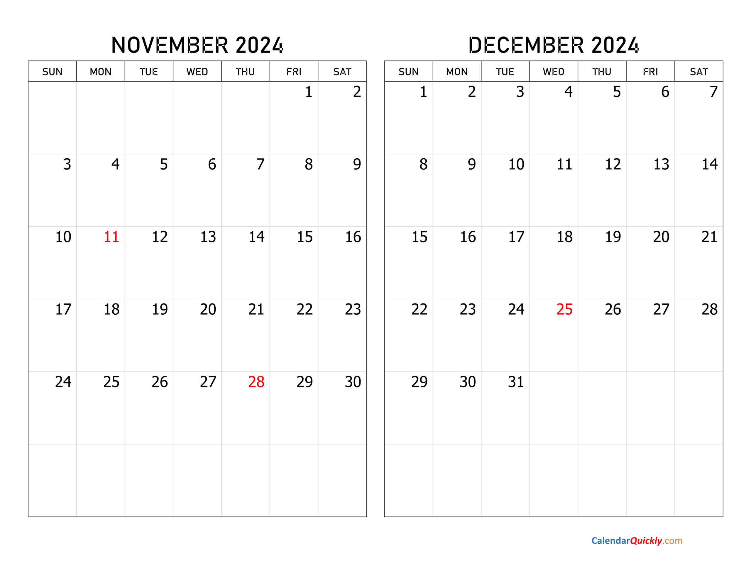 November And December 2024 Calendar | Calendar Quickly | November 2024 And December Calendar Printable