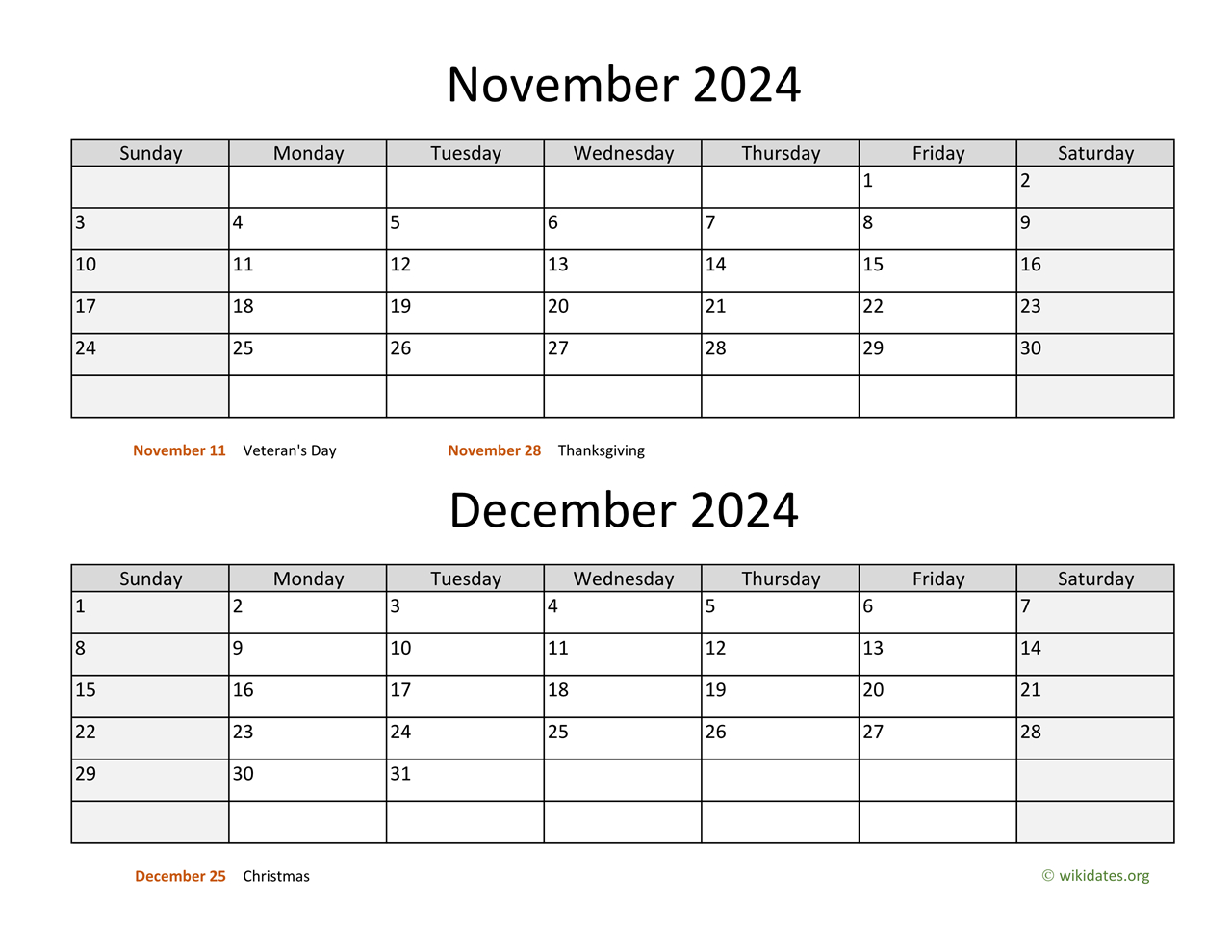 November And December 2024 Calendar | Wikidates | Calendar 2024