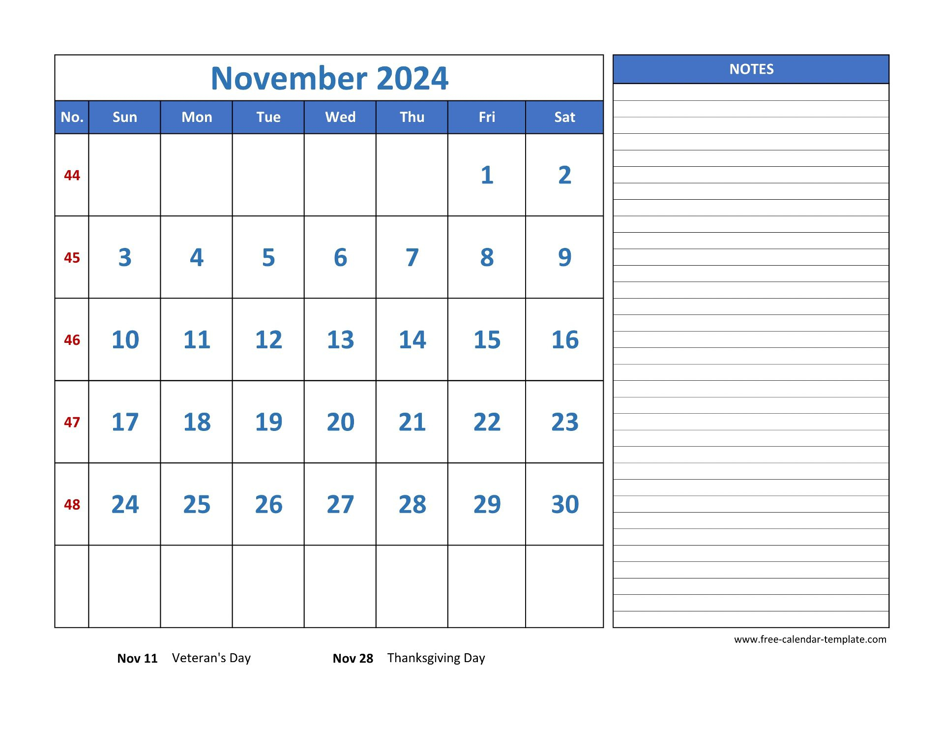 November Calendar 2024 Grid Lines For Holidays And Notes | Calendar 2024