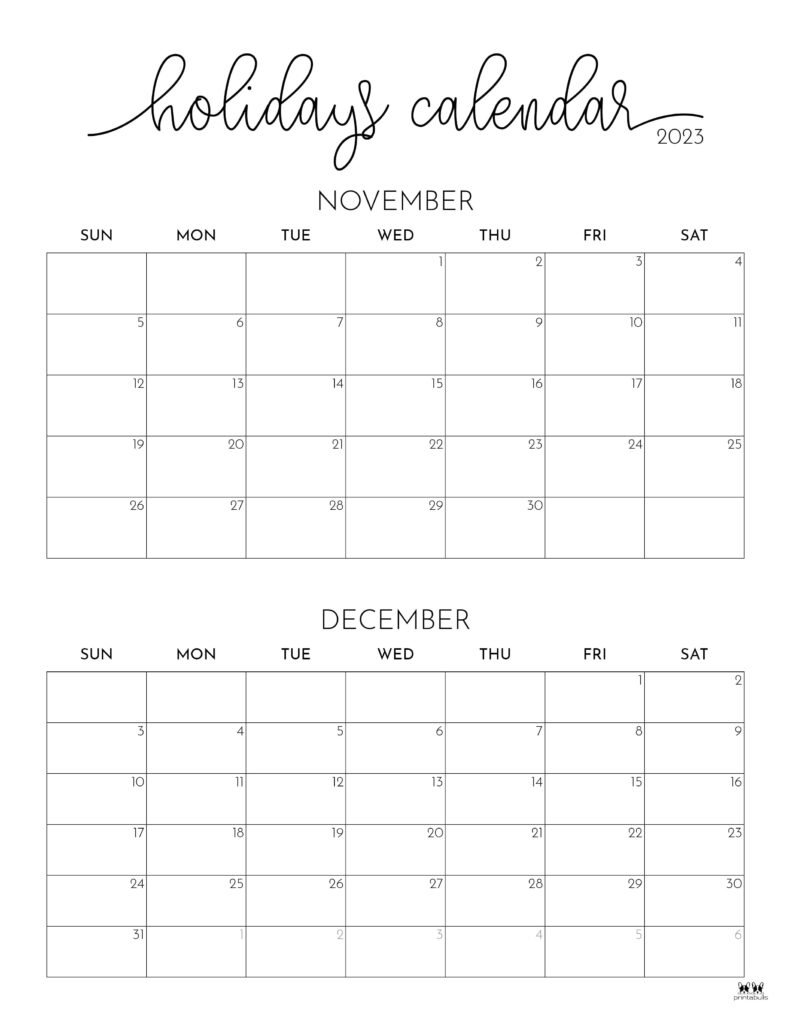 November December 2023 Calendars - 12 Printables | Printabulls | Calendar 2024