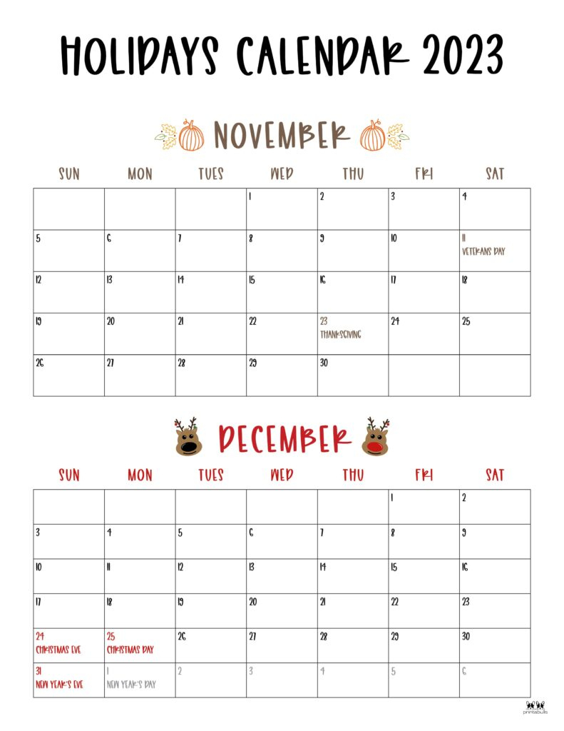 November December 2023 Calendars - 12 Printables | Printabulls | Printable 2 Month Calendar November December 2024