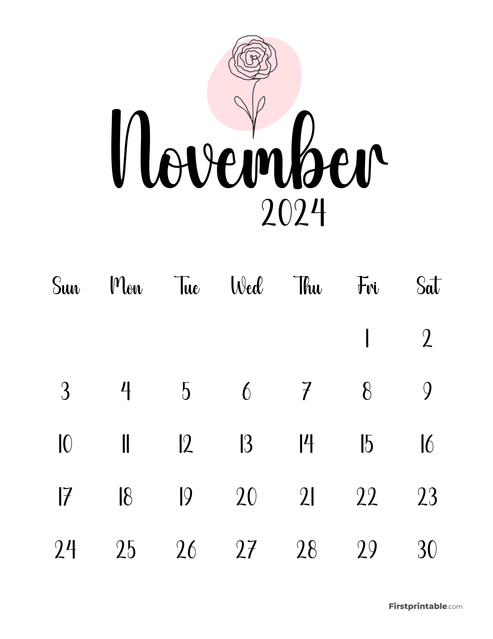 Printable Botanical Monthly Calendar 2024 | Printable Calendarcalligraphy Monthly November 2024