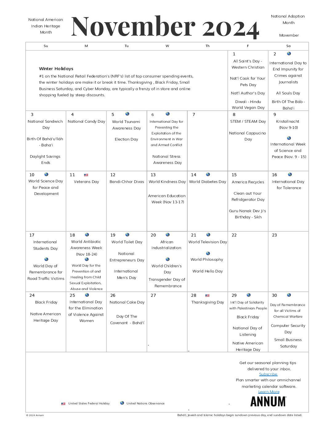 Printable November 2024 Calendar | November Holidays | Annum | Printable Calendar November 2024 Were You Can List Events