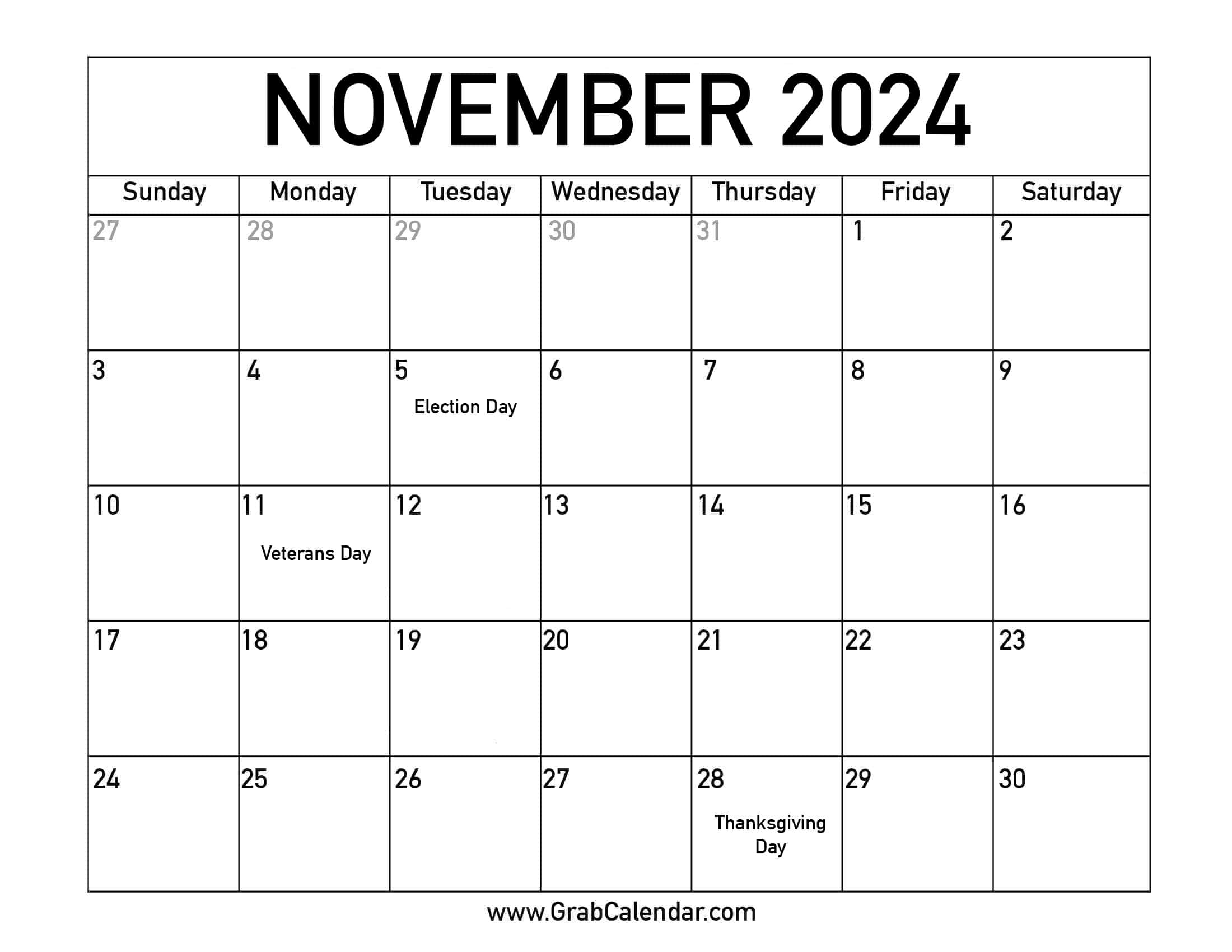 Printable November 2024 Calendar | Printable Calendar For November 2024 With Holidays