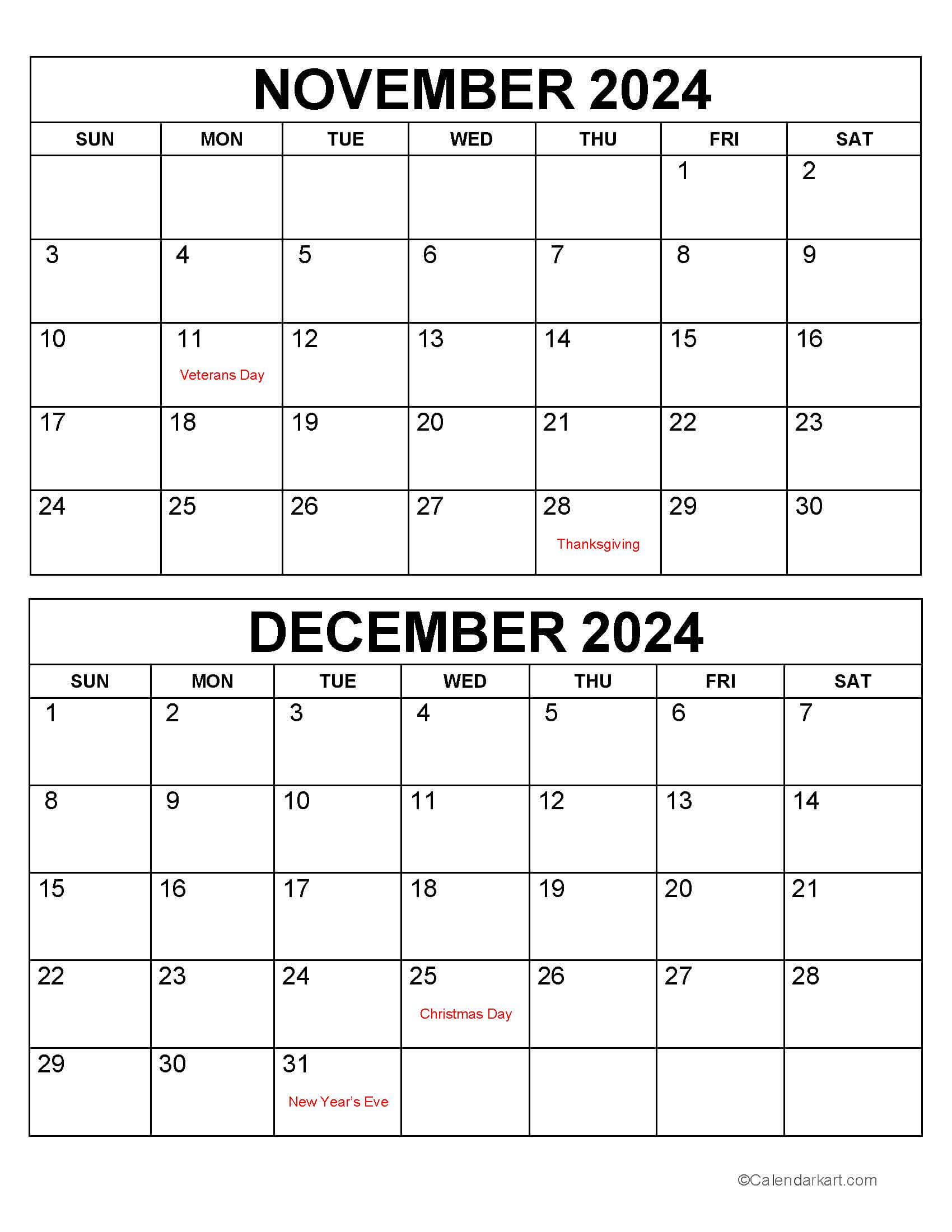 Printable November December 2024 Calendars | Calendarkart | November 2024 And December Calendar Printable