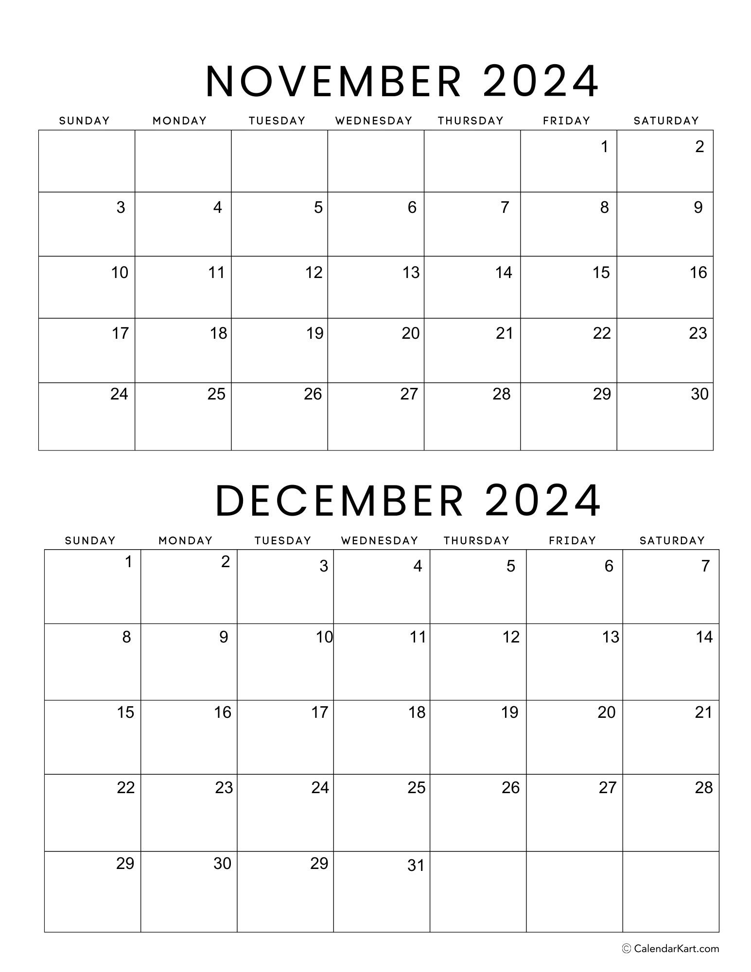 Printable November December 2024 Calendars | Calendarkart | Printable Calendar Sheet From November To December 2024