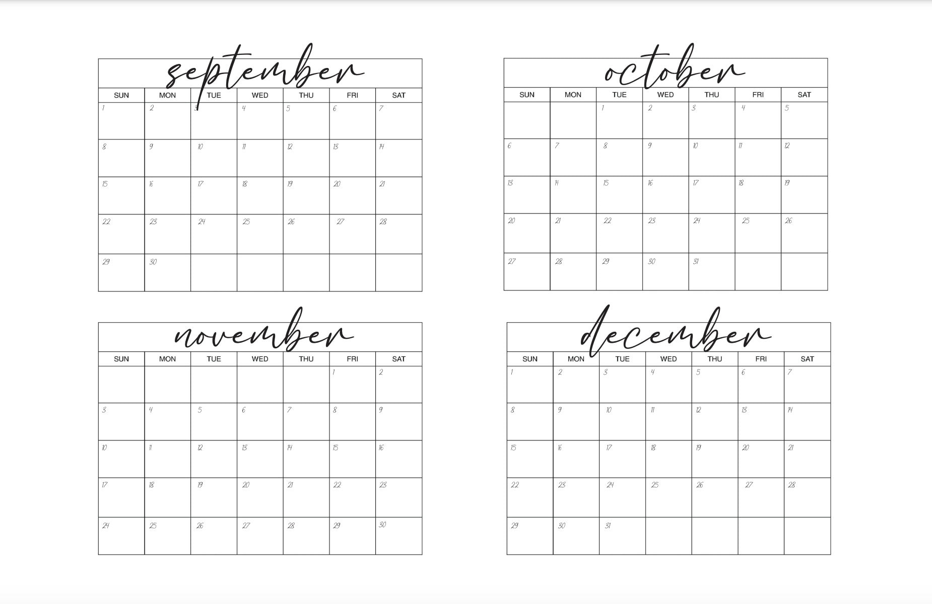 2024 4 Month Calendar Sept-Dec - Etsy Australia | Calendar September-December 2024 Printable