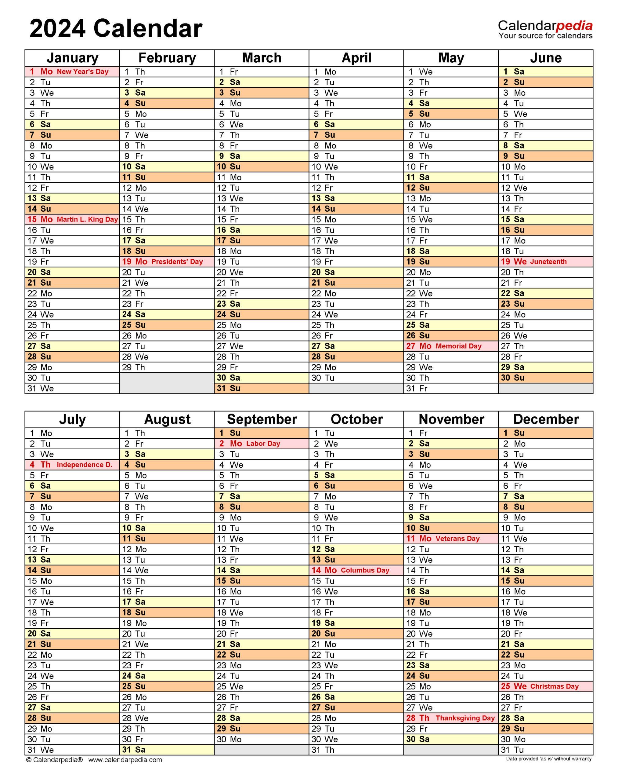 2024 Calendar - Free Printable Pdf Templates - Calendarpedia | December 2024 Calendar Printable with Large Blocks