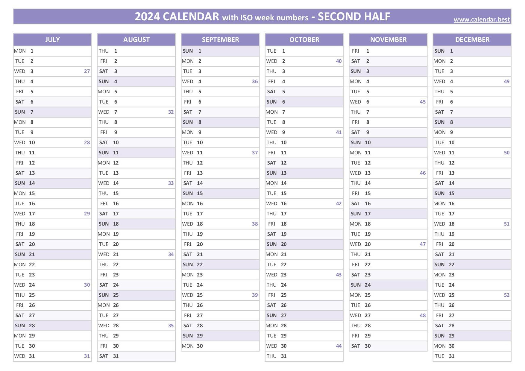 2024 Half Year Calendar To Print | Calendar 2024 From July To December Printable