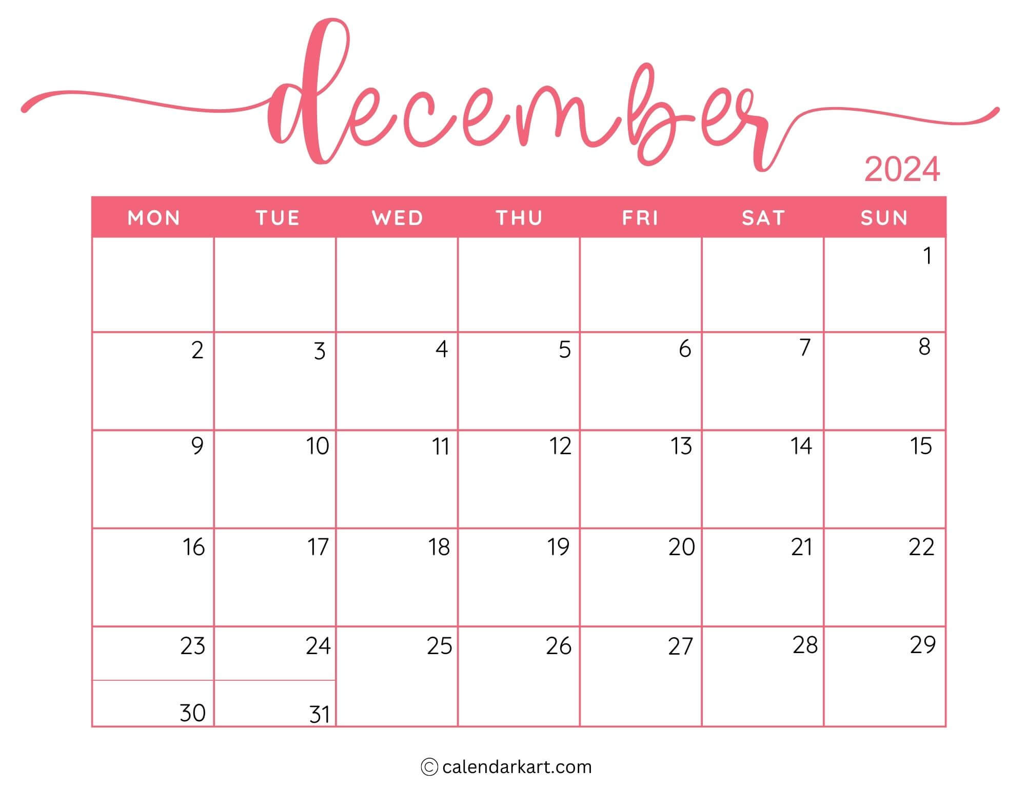 40 Printable December 2024 Calendars | Free Pdf - Calendarkart | 2024 Calendar Printable Starting Monday December