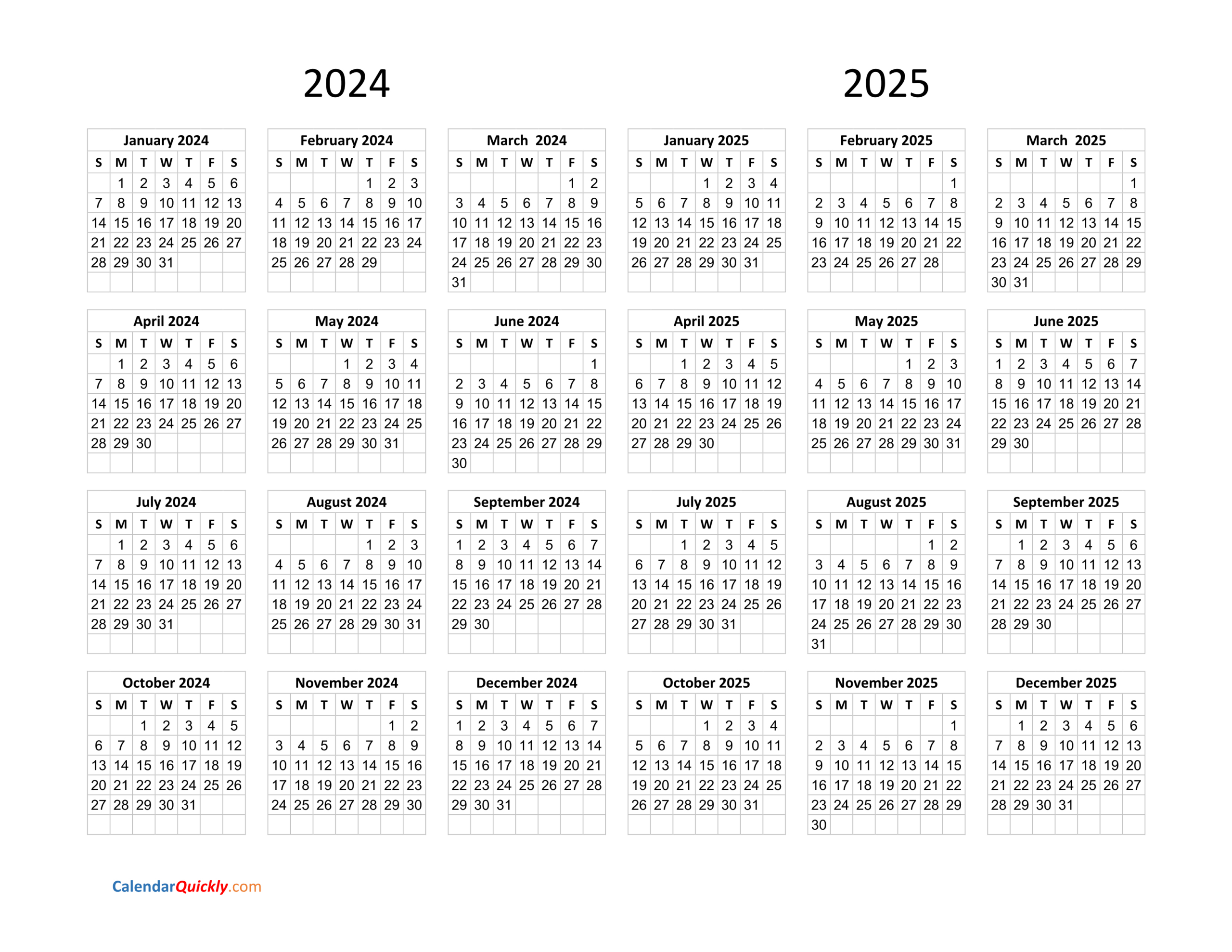 Calendar 2024 And 2025 On One Page | Calendar Quickly | Calendar 2024