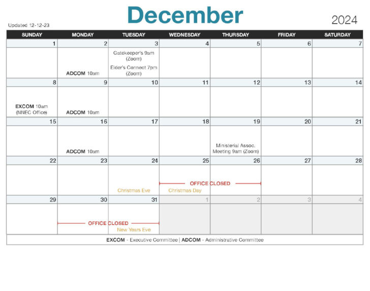 2024 December Printable Adventist Calendar 2024 | Calendar 2024