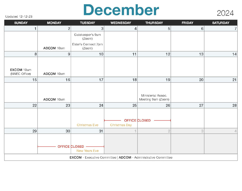 Calendar | 2024 December Printable Adventist Calendar 2024