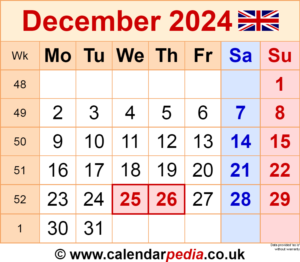 Calendar December 2024 Uk With Excel, Word And Pdf Templates | Calendar 2024