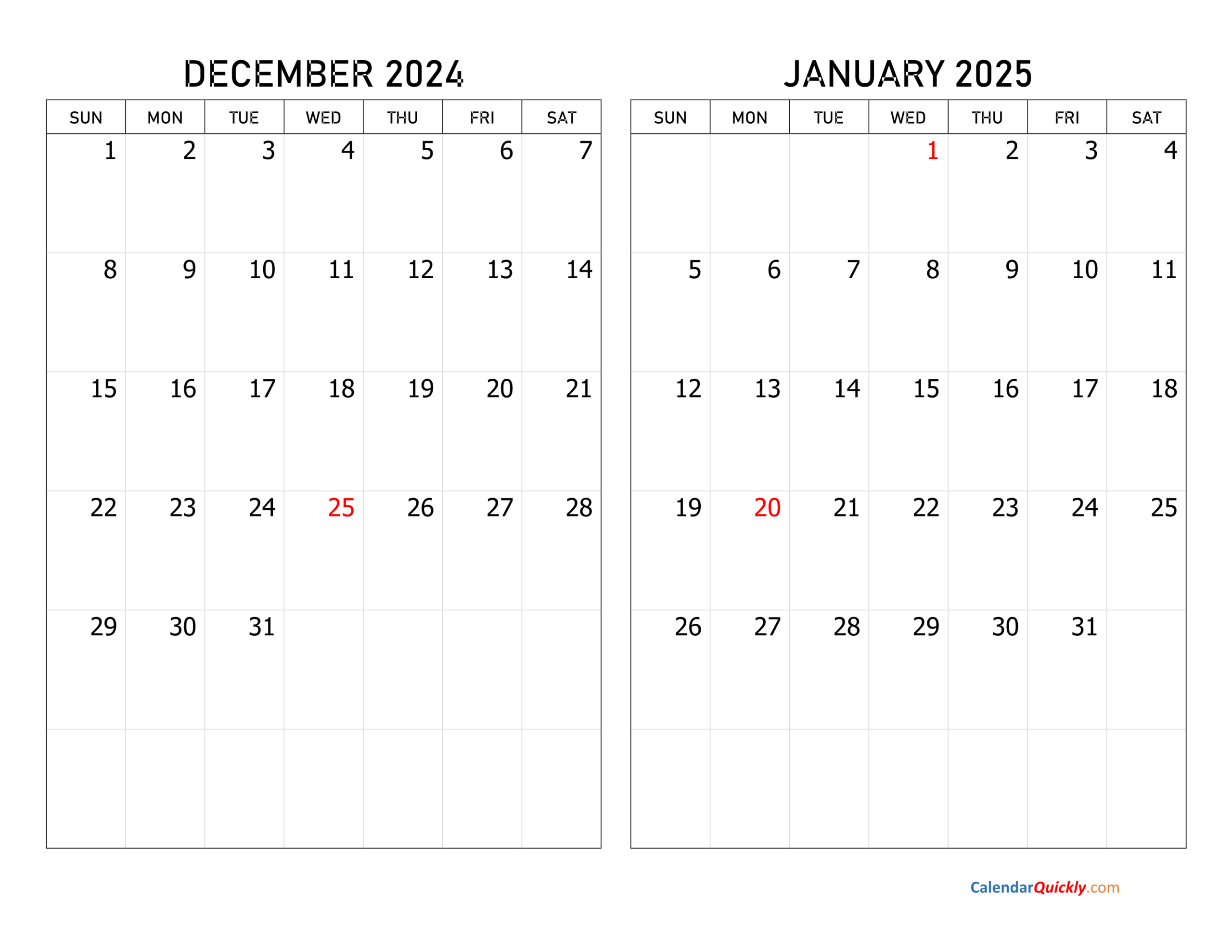 December 2024 And January 2025 Calendar | Calendar Quickly | Calendar End of December 2024 and Beginning of January 2025 Printable