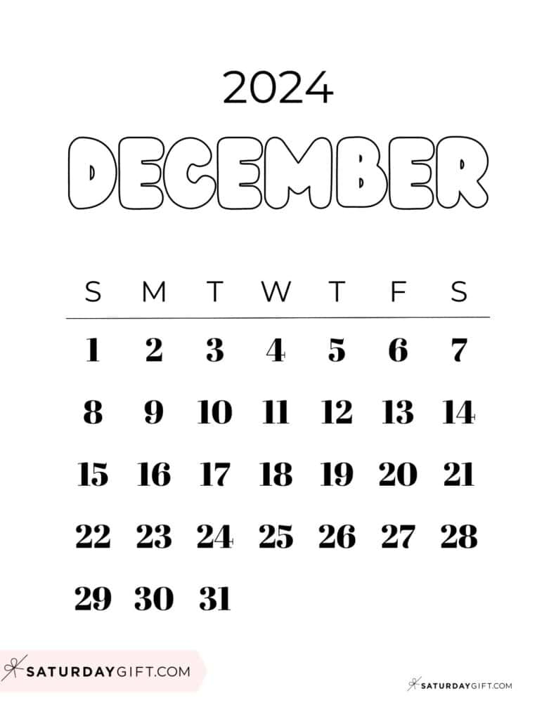 December 2024 Calendar - 20 Cute &amp;amp; Free Printables | Saturdaygift | Calendar 2024