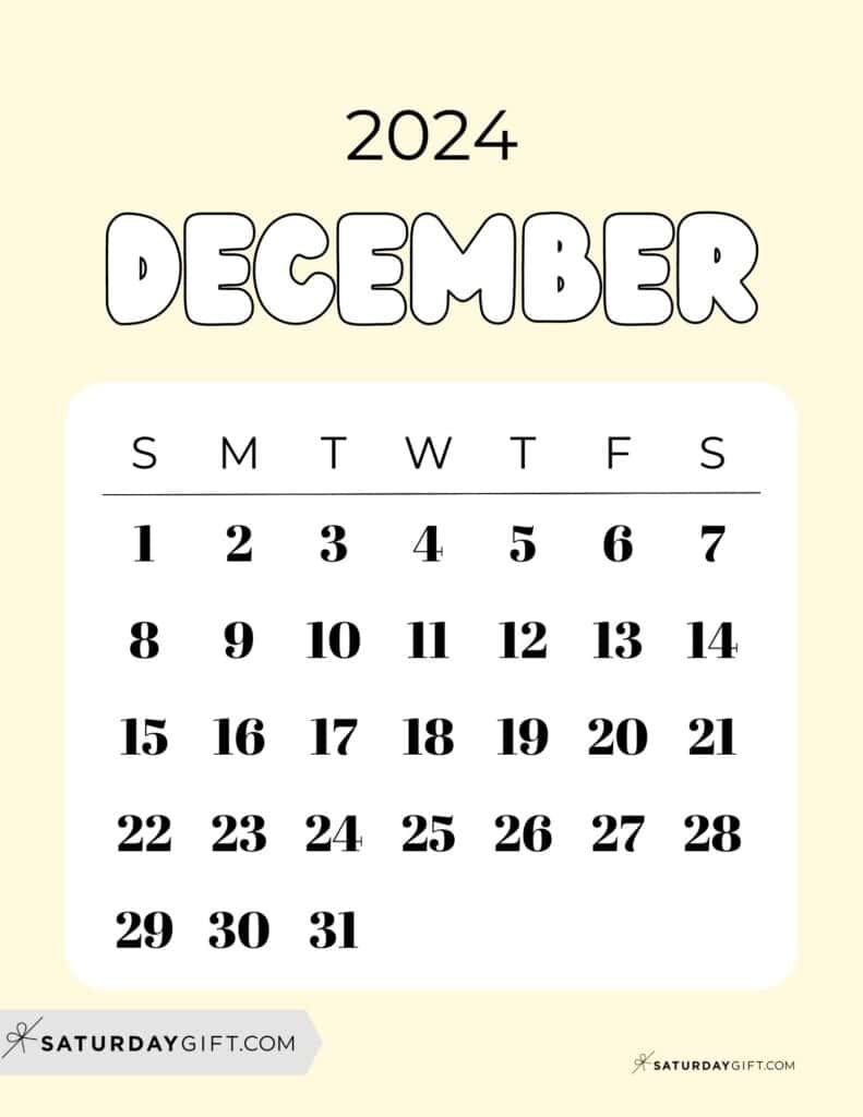 December 2024 Calendar - 20 Cute &amp;amp; Free Printables | Saturdaygift | Calendar 2024