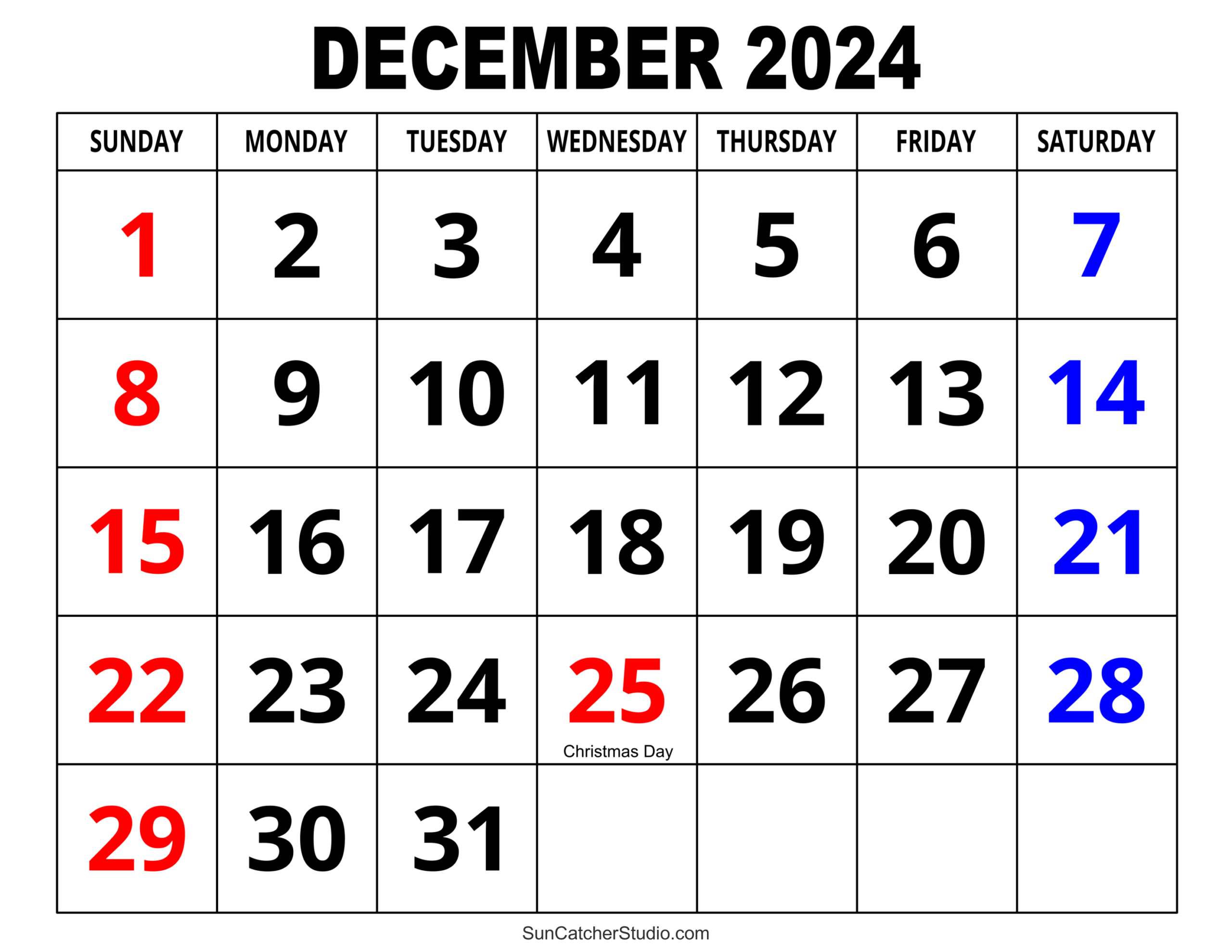 December 2024 Calendar (Free Printable) – Diy Projects, Patterns | December 2024 Calendar Printable with Large Print