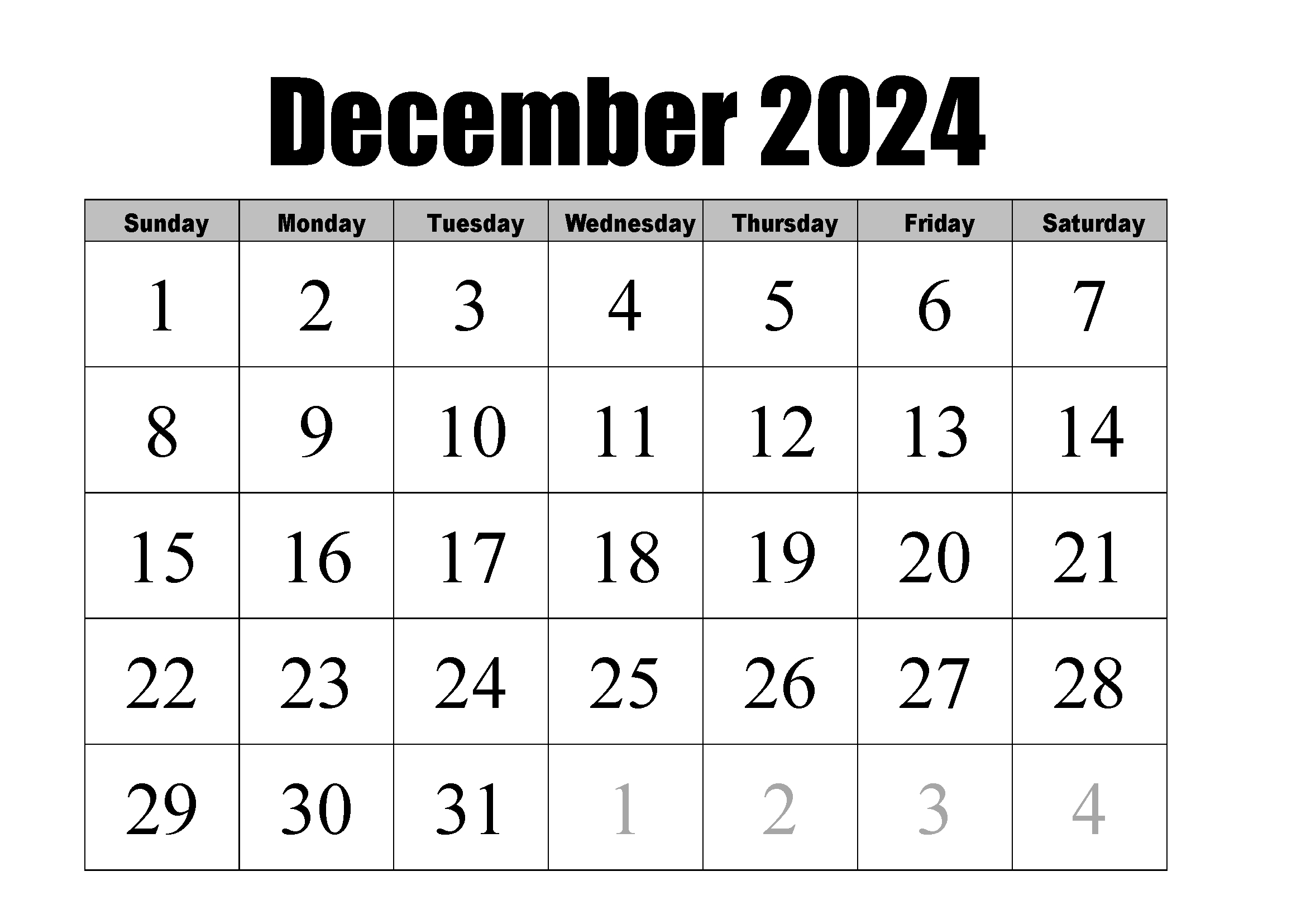 December 2024 Calendar | Instant Download | December 2024 Calendar Printable With Large Blocks