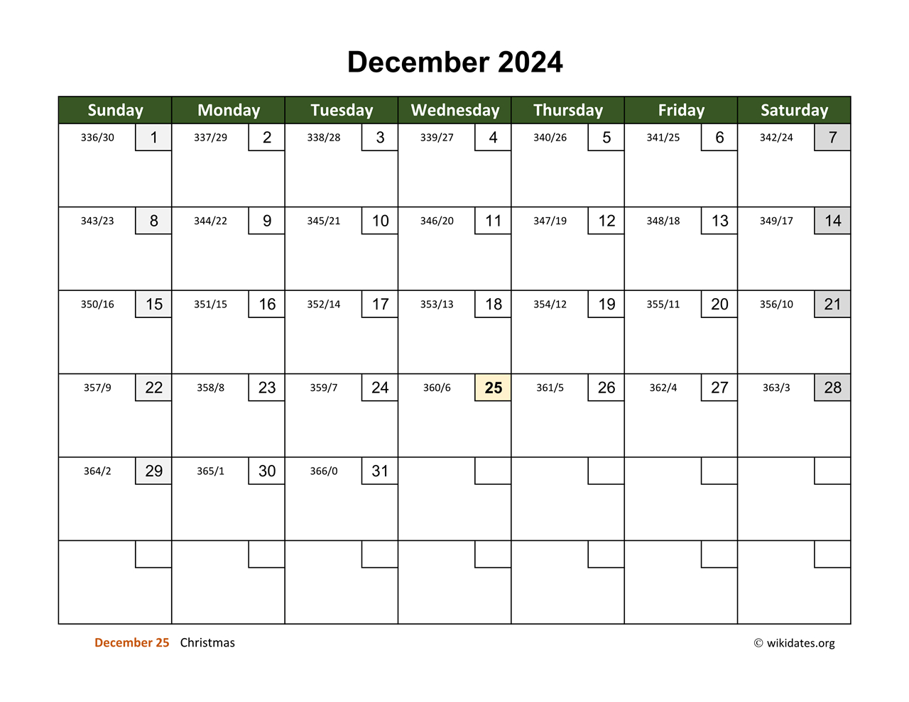 December 2024 Calendar With Day Numbers | Wikidates | December 2024 Calendar Numbers Printable