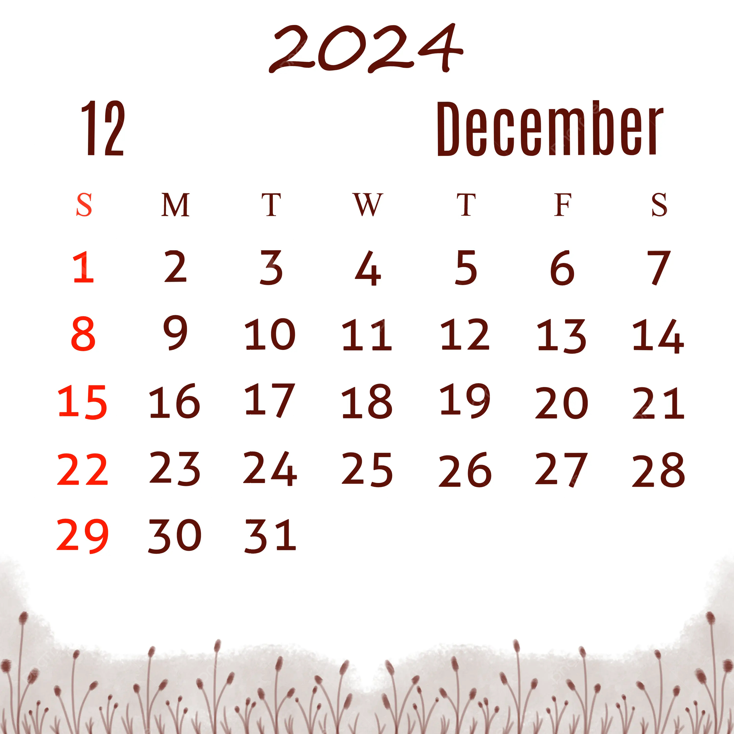 December 2024 Calendar With White Background And Brown Flowers | Calendar 2024